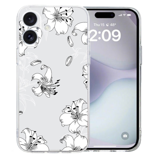 For iPhone 16 Colored Drawing Pattern Transparent TPU Phone Case(White Flower) - iPhone 16 Cases by buy2fix | Online Shopping UK | buy2fix