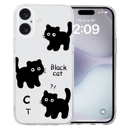 For iPhone 16 Colored Drawing Pattern Transparent TPU Phone Case(Black Cat) - iPhone 16 Cases by buy2fix | Online Shopping UK | buy2fix