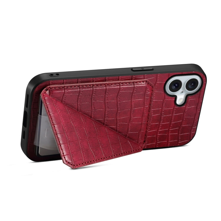 For iPhone 16 Imitation Crocodile Leather Back Phone Case with Holder(Rose Red) - iPhone 16 Cases by buy2fix | Online Shopping UK | buy2fix