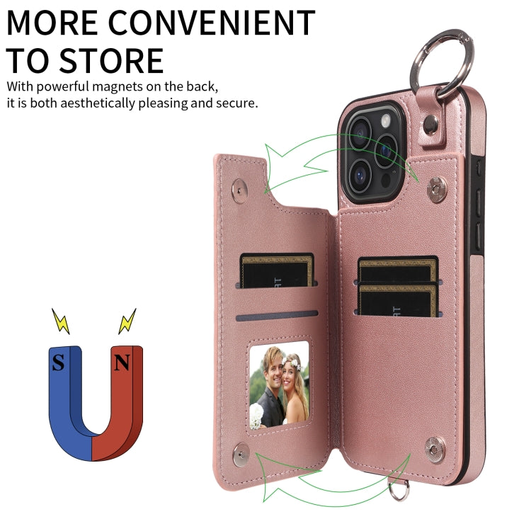 For iPhone 16 Pro Max Rhombic Texture Card Bag Phone Case with Short Lanyard(Rose Gold) - iPhone 16 Pro Max Cases by buy2fix | Online Shopping UK | buy2fix