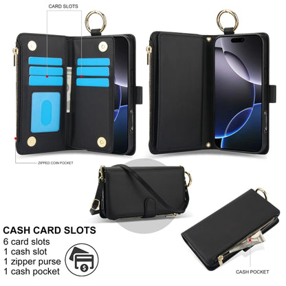 For iPhone 16 Pro Max Crossbody Ring Multifunctional Wallet Leather Phone Case(Black) - iPhone 16 Pro Max Cases by buy2fix | Online Shopping UK | buy2fix