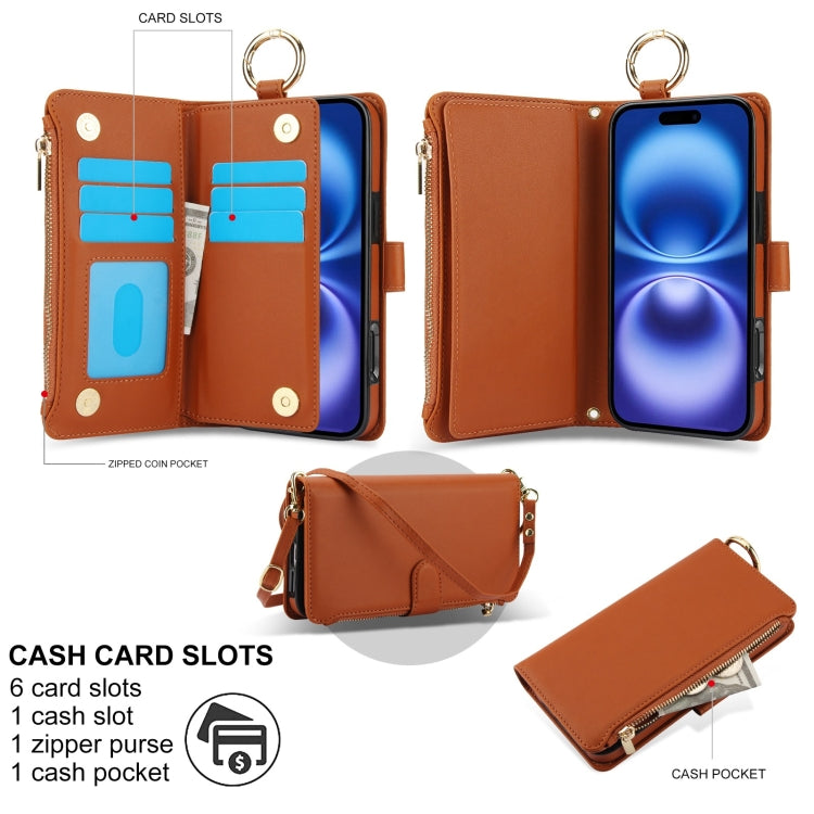 For iPhone 16 Plus Crossbody Ring Multifunctional Wallet Leather Phone Case(Brown) - iPhone 16 Plus Cases by buy2fix | Online Shopping UK | buy2fix