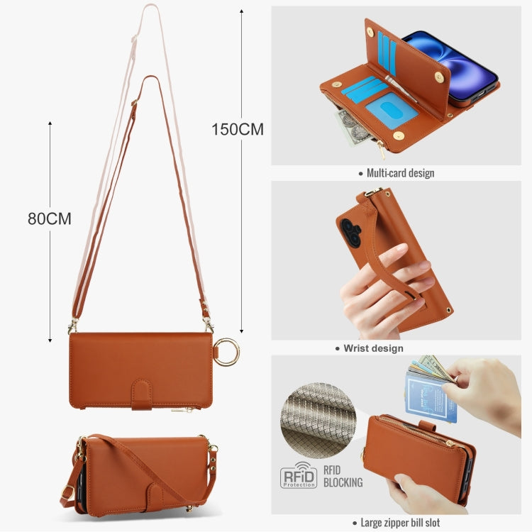 For iPhone 16 Plus Crossbody Ring Multifunctional Wallet Leather Phone Case(Brown) - iPhone 16 Plus Cases by buy2fix | Online Shopping UK | buy2fix