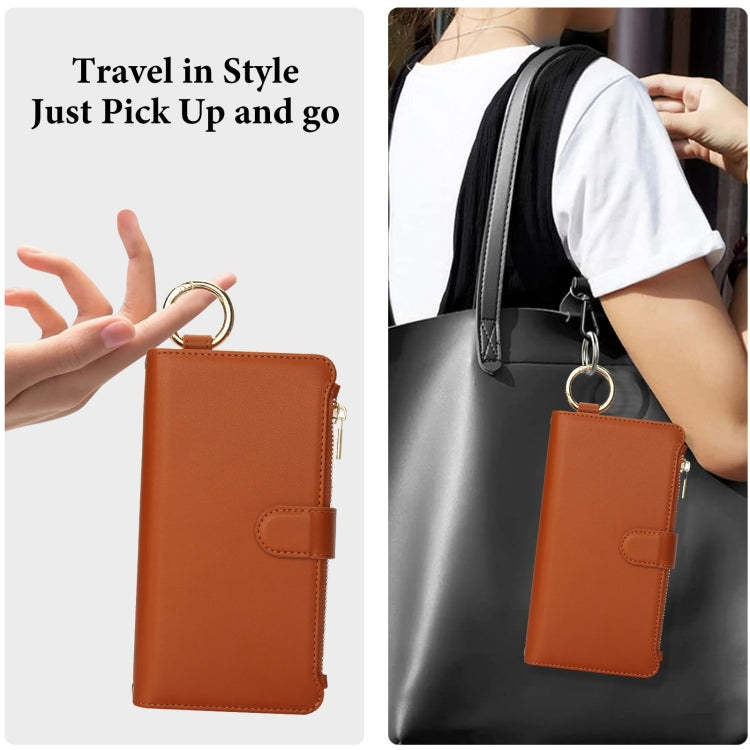 For iPhone 16 Plus Crossbody Ring Multifunctional Wallet Leather Phone Case(Brown) - iPhone 16 Plus Cases by buy2fix | Online Shopping UK | buy2fix