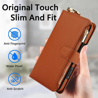 For iPhone 16 Plus Crossbody Ring Multifunctional Wallet Leather Phone Case(Brown) - iPhone 16 Plus Cases by buy2fix | Online Shopping UK | buy2fix