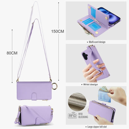 For iPhone 16 Crossbody Ring Multifunctional Wallet Leather Phone Case(Purple) - iPhone 16 Cases by buy2fix | Online Shopping UK | buy2fix