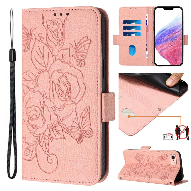 For iPhone SE 2024 Embossed Rose RFID Anti-theft Leather Phone Case(Pink) - More iPhone Cases by buy2fix | Online Shopping UK | buy2fix