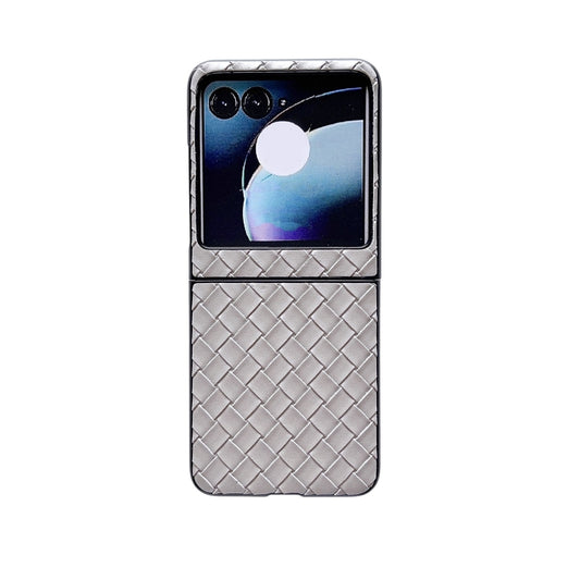 For Motorola Razr 50 Woven Texture Folding PU Phone Case(Silver) - Motorola Cases by buy2fix | Online Shopping UK | buy2fix