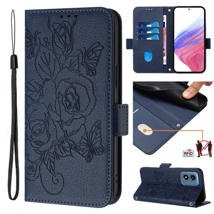 For Motorola Moto G Play 4G 2024 Embossed Rose RFID Anti-theft Leather Phone Case(Dark Blue) - Motorola Cases by buy2fix | Online Shopping UK | buy2fix