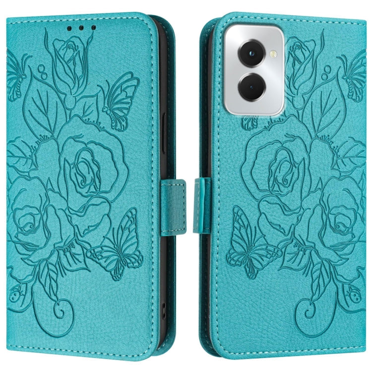 For Motorola Moto G Power 5G 2024 Embossed Rose RFID Anti-theft Leather Phone Case(Light Blue) - Motorola Cases by buy2fix | Online Shopping UK | buy2fix