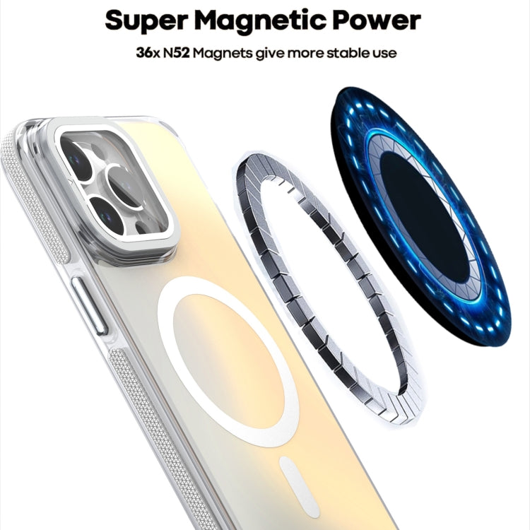 For iPhone 16 MagSafe Gradient Color Lens Film Phone Case with Lens Fold Holder(White) - iPhone 16 Cases by buy2fix | Online Shopping UK | buy2fix