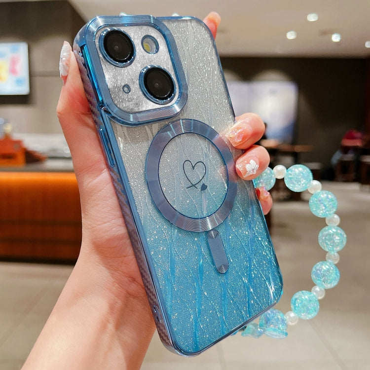 For iPhone 14 Plus Loves Leaves Gradient Glitter Bracelets Carbon Fiber Magsafe TPU Phone Case(Blue) - iPhone 14 Plus Cases by buy2fix | Online Shopping UK | buy2fix