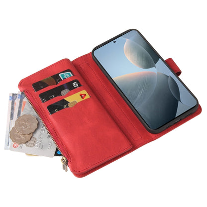 For Redmi K70 Skin Feel Multi Card Slots Zipper Wallet Leather Phone Case(Red) - K70 Cases by buy2fix | Online Shopping UK | buy2fix