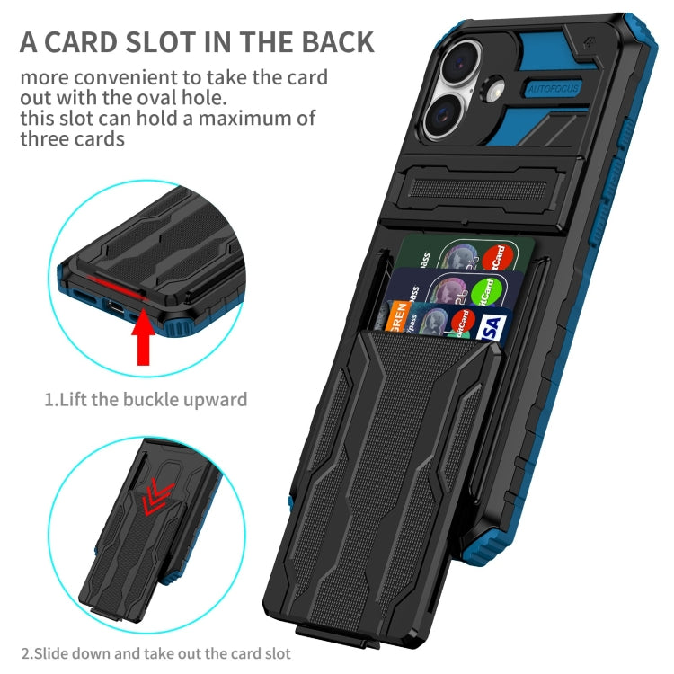 For iPhone 16 Plus Kickstand Armor Card Wallet Phone Case(Blue) - iPhone 16 Plus Cases by buy2fix | Online Shopping UK | buy2fix