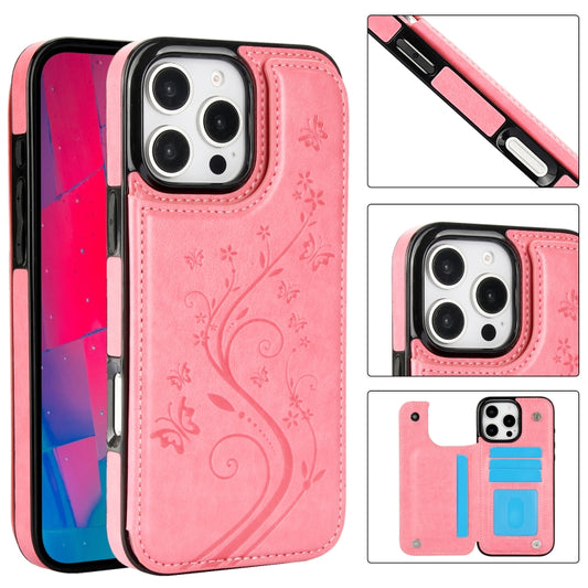 For iPhone 16 Pro Double Buckle Butterfly Embossing PU Phone Case(Pink) - iPhone 16 Pro Cases by buy2fix | Online Shopping UK | buy2fix