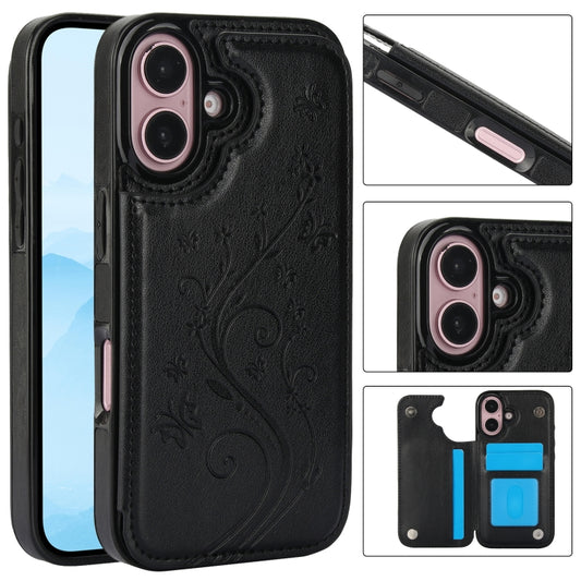 For iPhone 16 Double Buckle Butterfly Embossing PU Phone Case(Black) - iPhone 16 Cases by buy2fix | Online Shopping UK | buy2fix