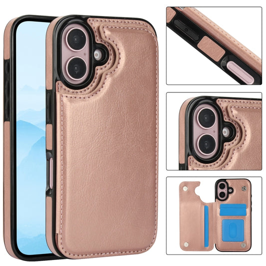 For iPhone 16 Plus Double Buckle Crazy Horse Texture PU Phone Case(Rose Gold) - iPhone 16 Plus Cases by buy2fix | Online Shopping UK | buy2fix