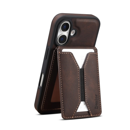 For iPhone 16 Plus Denior D18 Skin Feel Rotating Holder MagSafe Detachable Card Slot Phone Case(Brown) - iPhone 16 Plus Cases by Denior | Online Shopping UK | buy2fix