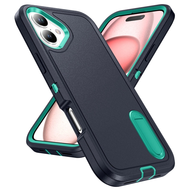 For iPhone 16 Rugged PC + Silicone Phone Case with Holder(Dark Blue+Light Green) - iPhone 16 Cases by buy2fix | Online Shopping UK | buy2fix