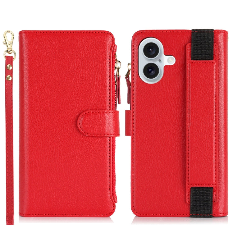 For iPhone 16 Plus Wristband Holder Zipper Purse RFID Leather Phone Case(Red) - iPhone 16 Plus Cases by buy2fix | Online Shopping UK | buy2fix