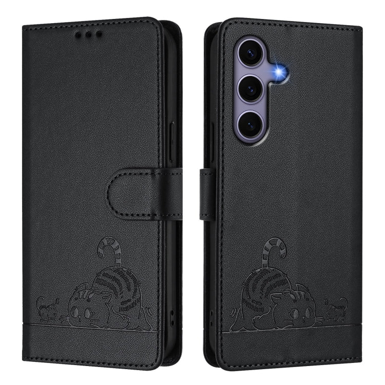 For Samsung Galaxy S25 5G Cat Rat Embossed RFID Leather Phone Case with Lanyard(Black) - Galaxy S25 5G Cases by buy2fix | Online Shopping UK | buy2fix