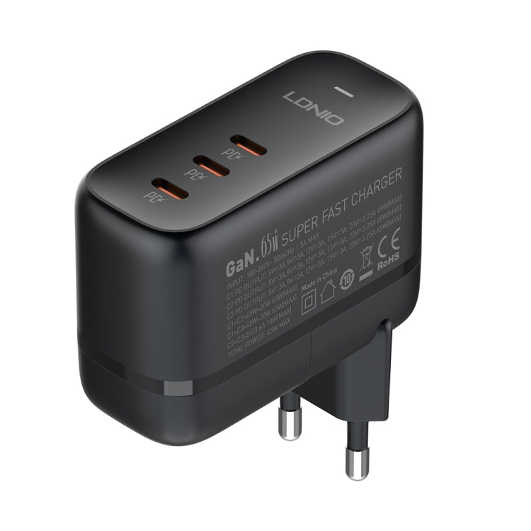 LDNIO Q367 65W GaN 3 x USB-C / Type-C Interface Charger with 1m USB-C / Type-C to USB-C / Type-C Data Cable, Plug Type:EU Plug(Black) - USB Charger by LDNIO | Online Shopping UK | buy2fix