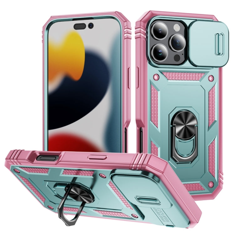 For iPhone 16 Pro Sliding Camshield TPU + PC Phone Case with Holder(Green+Pink) - iPhone 16 Pro Cases by buy2fix | Online Shopping UK | buy2fix