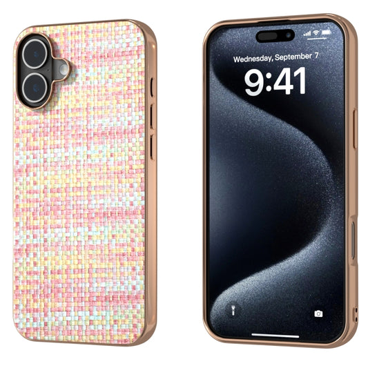 For iPhone 16 Electroplated Frame Color Lattice Texture PU Phone Case(Pink) - iPhone 16 Cases by buy2fix | Online Shopping UK | buy2fix