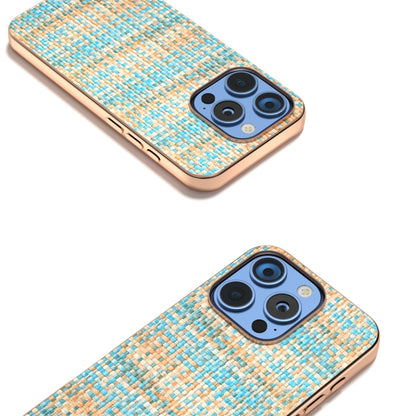 For iPhone 16 Pro Electroplated Frame Color Lattice Texture PU Phone Case(Blue) - iPhone 16 Pro Cases by buy2fix | Online Shopping UK | buy2fix