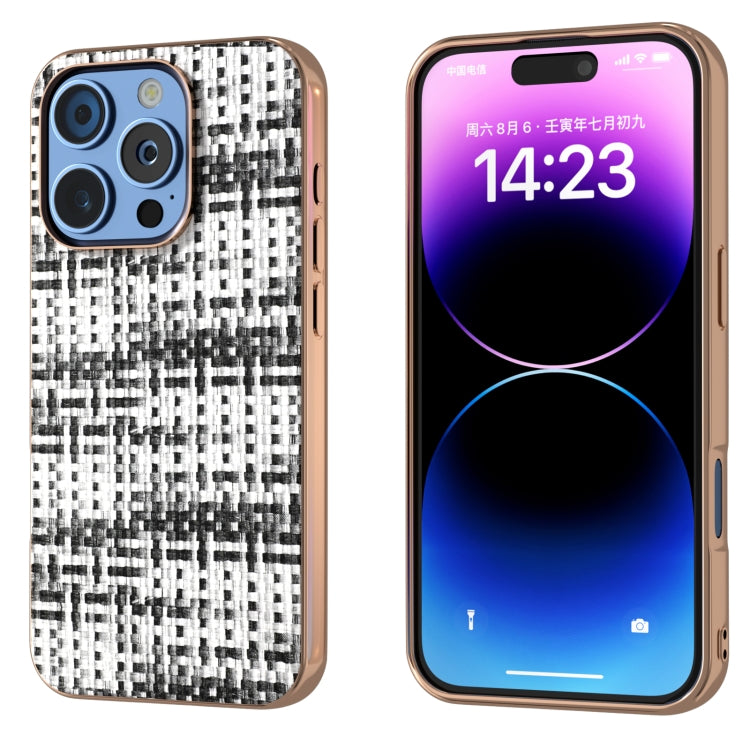 For iPhone 16 Pro Max Electroplated Frame Color Lattice Texture PU Phone Case(Black) - iPhone 16 Pro Max Cases by buy2fix | Online Shopping UK | buy2fix