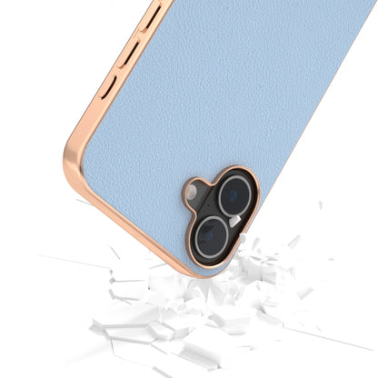 For iPhone 16 Plus ABEEL Electroplated Frame Genuine Leather Wave Phone Case(Blue) - iPhone 16 Plus Cases by buy2fix | Online Shopping UK | buy2fix