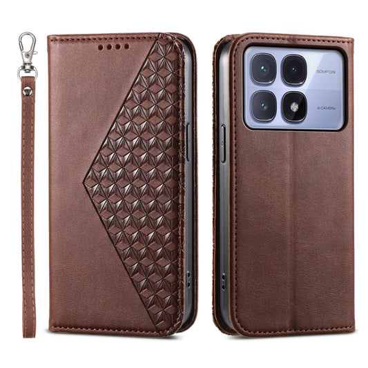 For Redmi K70 Ultra Cubic Grid Calf Texture Magnetic Leather Phone Case(Brown) - Xiaomi Cases by buy2fix | Online Shopping UK | buy2fix