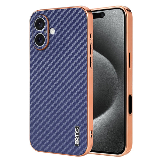 For iPhone 16 AZNS Electroplated Edge Carbon Fiber Texture Phone Case(Blue) - iPhone 16 Cases by AZNS | Online Shopping UK | buy2fix