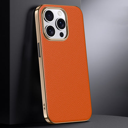 For iPhone 16 Pro Max First Layer Cowhide Leather Electroplated PC Phone Case(Orange) - iPhone 16 Pro Max Cases by buy2fix | Online Shopping UK | buy2fix