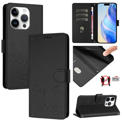 For iPhone 16 Pro Smile Embossing RFID Leather Phone Case(Black) - iPhone 16 Pro Cases by buy2fix | Online Shopping UK | buy2fix