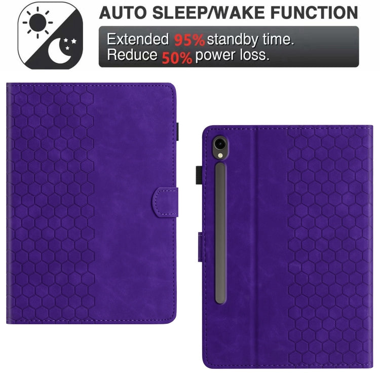 For Samsung Galaxy Tab S9 / S9 FE Honeycomb Embossed Leather Smart Tablet Case(Purple) - Galaxy Tab S9 Cases by buy2fix | Online Shopping UK | buy2fix