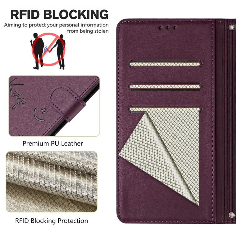 For Motorola Moto G Play 5G 2024 Global Smile Embossing RFID Leather Phone Case(Violet) - Motorola Cases by buy2fix | Online Shopping UK | buy2fix