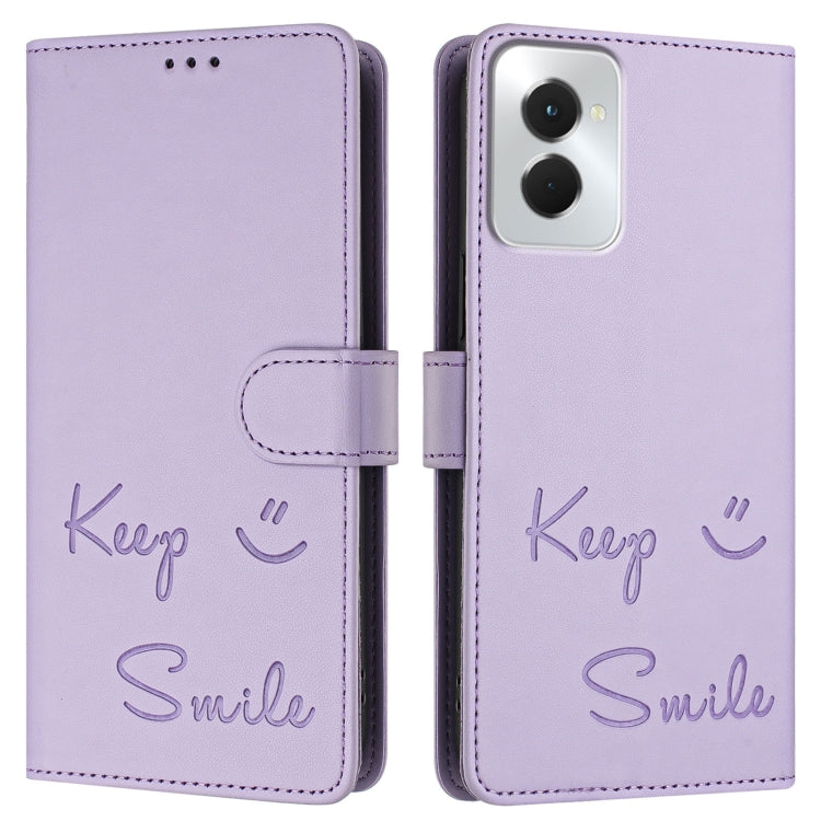 For Motorola Moto G Power 5G 2024 Smile Embossing RFID Leather Phone Case(Light Purple) - Motorola Cases by buy2fix | Online Shopping UK | buy2fix