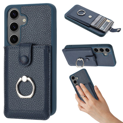 For Samsung Galaxy S25+ 5G Litchi Texture Drawing Card Bag Ring Holder Phone Case(Blue) - Galaxy S25+ 5G Cases by buy2fix | Online Shopping UK | buy2fix