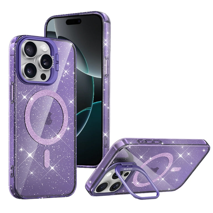 For iPhone 16 Pro Shiny Shield MagSafe Lens Holder Phone Case(Purple) - iPhone 16 Pro Cases by buy2fix | Online Shopping UK | buy2fix