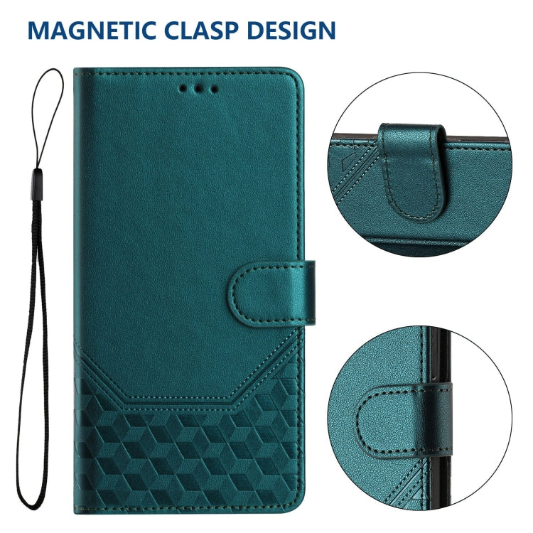 For iPhone 16 Pro Honeycomb Embossing RFID Leather Phone Case(Peacock Green) - iPhone 16 Pro Cases by buy2fix | Online Shopping UK | buy2fix