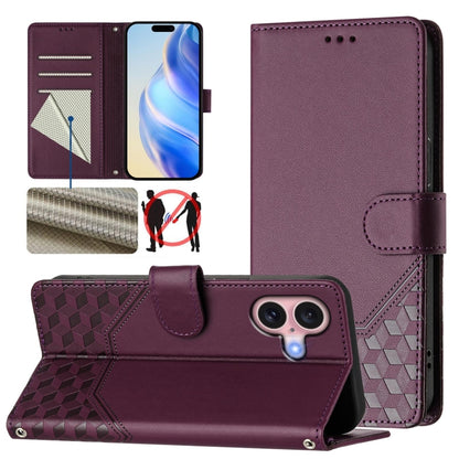 For iPhone 16 Honeycomb Embossing RFID Leather Phone Case(Violet) - iPhone 16 Cases by buy2fix | Online Shopping UK | buy2fix