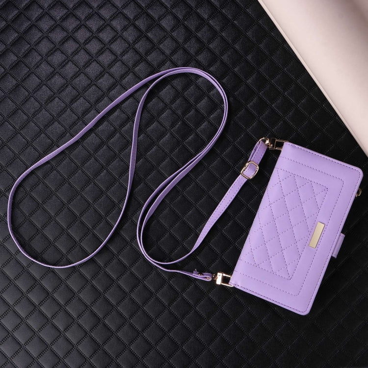 For iPhone 16 Pro Max Crossbody Zipper Wallet Rhombus Leather Phone Case(Purple) - iPhone 16 Pro Max Cases by buy2fix | Online Shopping UK | buy2fix