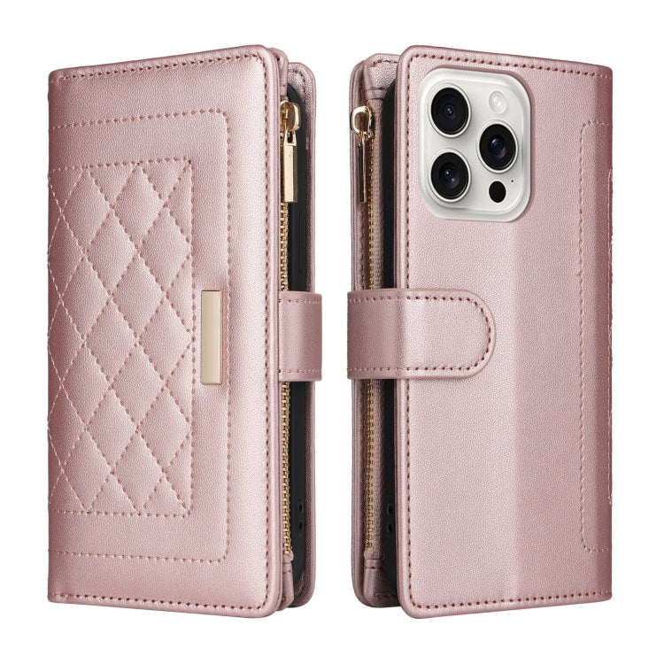 For iPhone 16 Pro Crossbody Zipper Wallet Rhombus Leather Phone Case(Rose Gold) - iPhone 16 Pro Cases by buy2fix | Online Shopping UK | buy2fix