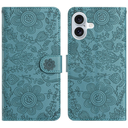 For iPhone 16 Floral Embossed Pattern Leather Phone Case(Dark Green) - iPhone 16 Cases by buy2fix | Online Shopping UK | buy2fix