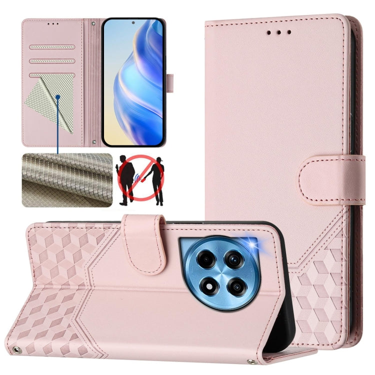 For OnePlus 12 5G Global Honeycomb Embossing RFID Leather Phone Case(Pink) - OnePlus Cases by buy2fix | Online Shopping UK | buy2fix