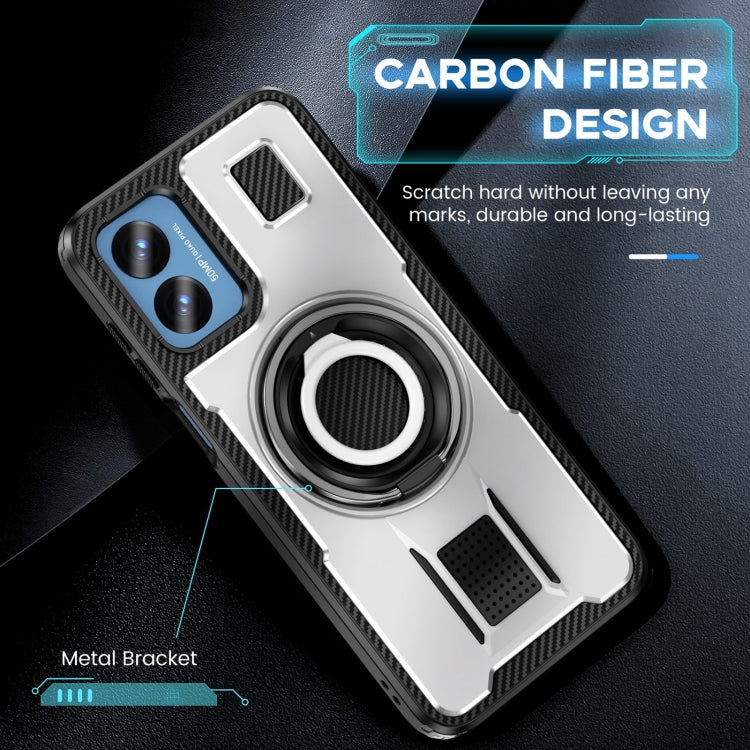 For Motorola Moto G Play 4G 2024 Ring Holder Carbon Fiber PC Hybrid TPU Phone Case(White) - Motorola Cases by buy2fix | Online Shopping UK | buy2fix