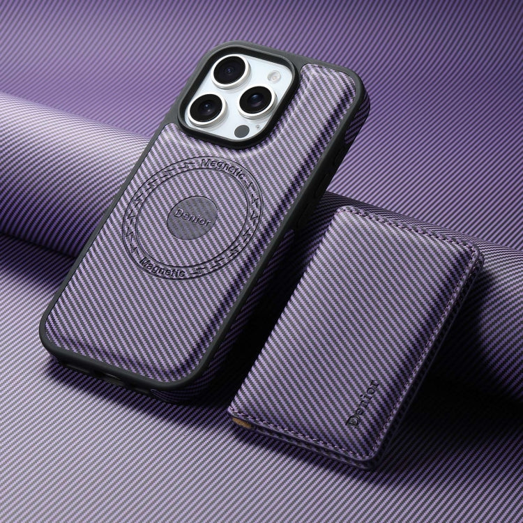 For iPhone 16 Pro Denior Carbon Fiber Texture Leather Card Bag MagSafe Phone Case(Purple) - iPhone 16 Pro Cases by Denior | Online Shopping UK | buy2fix