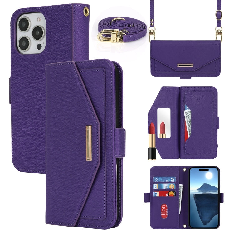 For iPhone 16 Pro Max Cross Texture Crossbody Lanyard Leather Phone Case(Purple) - iPhone 16 Pro Max Cases by buy2fix | Online Shopping UK | buy2fix