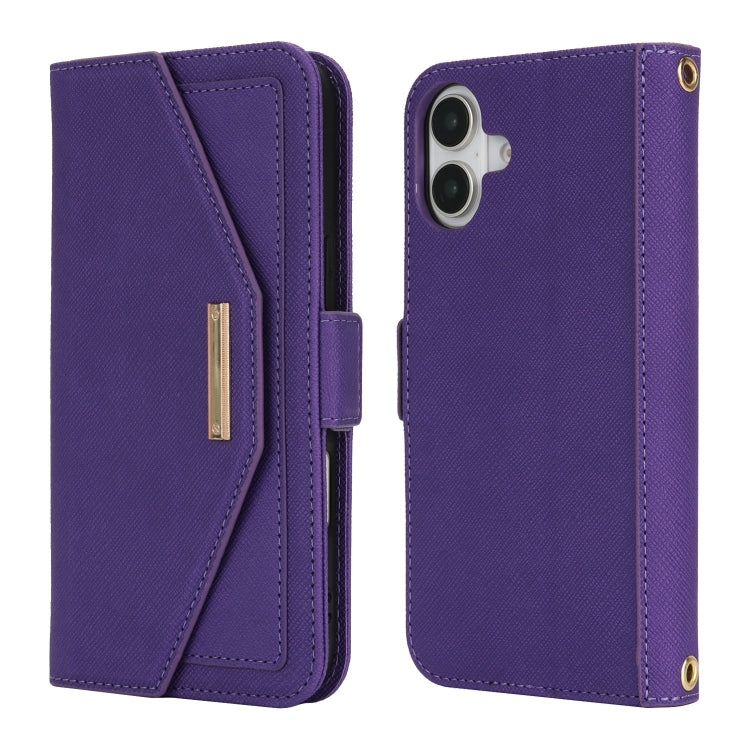 For iPhone 16 Plus Cross Texture Crossbody Lanyard Leather Phone Case(Purple) - iPhone 16 Plus Cases by buy2fix | Online Shopping UK | buy2fix